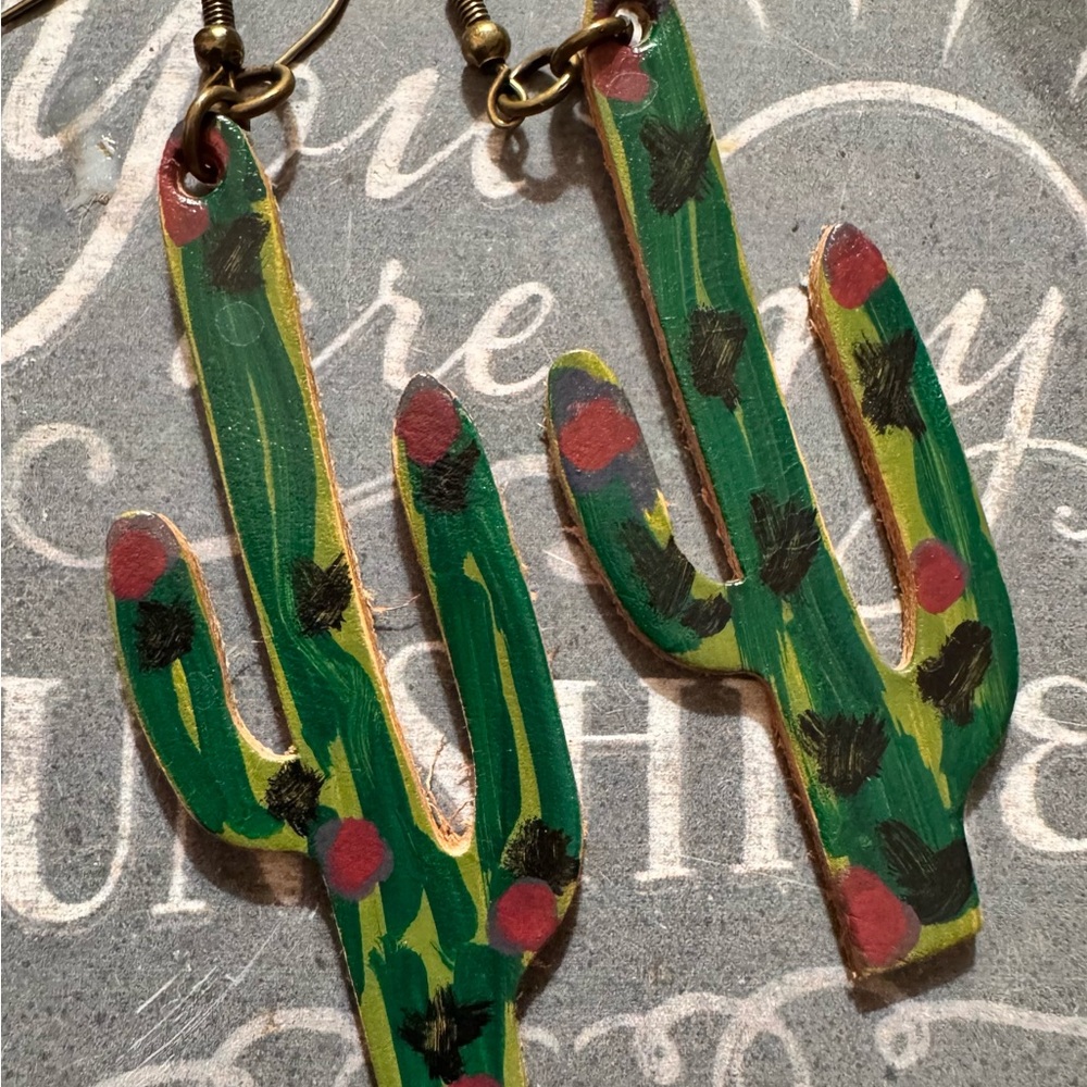 Cactus Shaped HandPainted Earrings